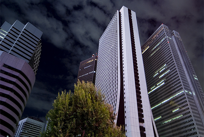 shinjuku buildings bridge night